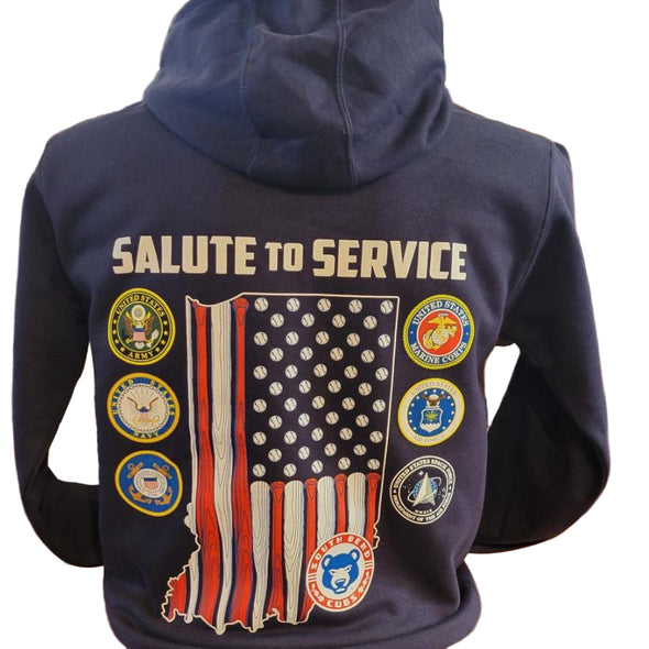 Navy blue hoodie with 'Salute to Service' design on the back, featuring an American flag and military emblems.