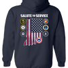 Navy hoodie with 'Salute to Service' design on the back featuring an American flag and military logos.