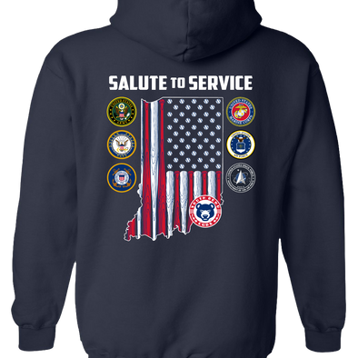 Navy hoodie with 'Salute to Service' design on the back featuring an American flag and military logos.
