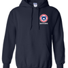 Navy blue hoodie with a logo on the chest against a white background