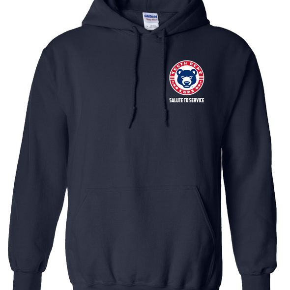 Navy blue hoodie with a logo on the chest against a white background