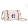 Crossbody clutch handbag featuring a Chicago Cubs logo on cream background