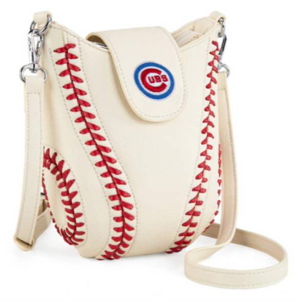 Baseball-themed crossbody bag with Chicago Cubs logo on a white background
