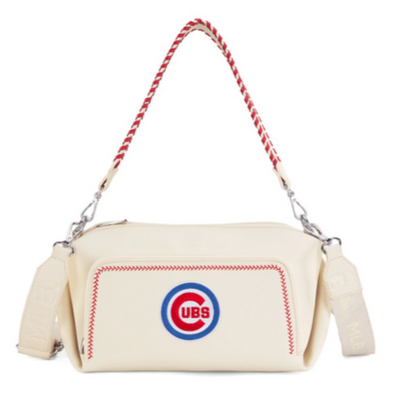 Cream-colored cross body shoulder bag with Chicago Cubs logo.